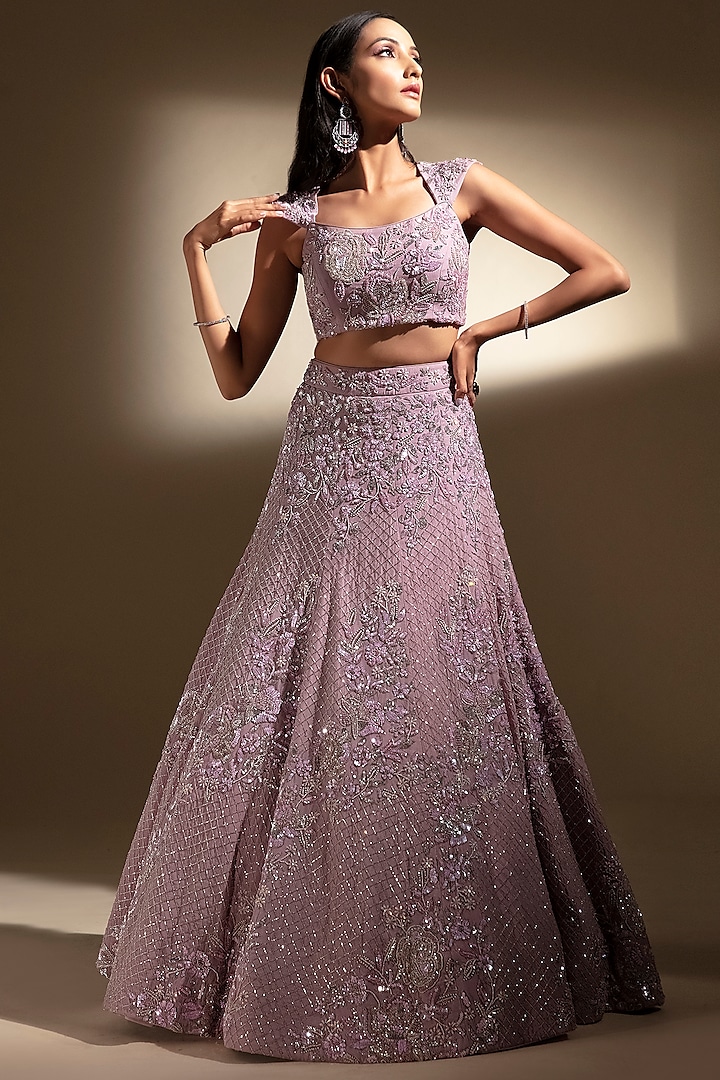 Woodrose Mauve Organza Embroidered Lehenga Set by PANIHARI