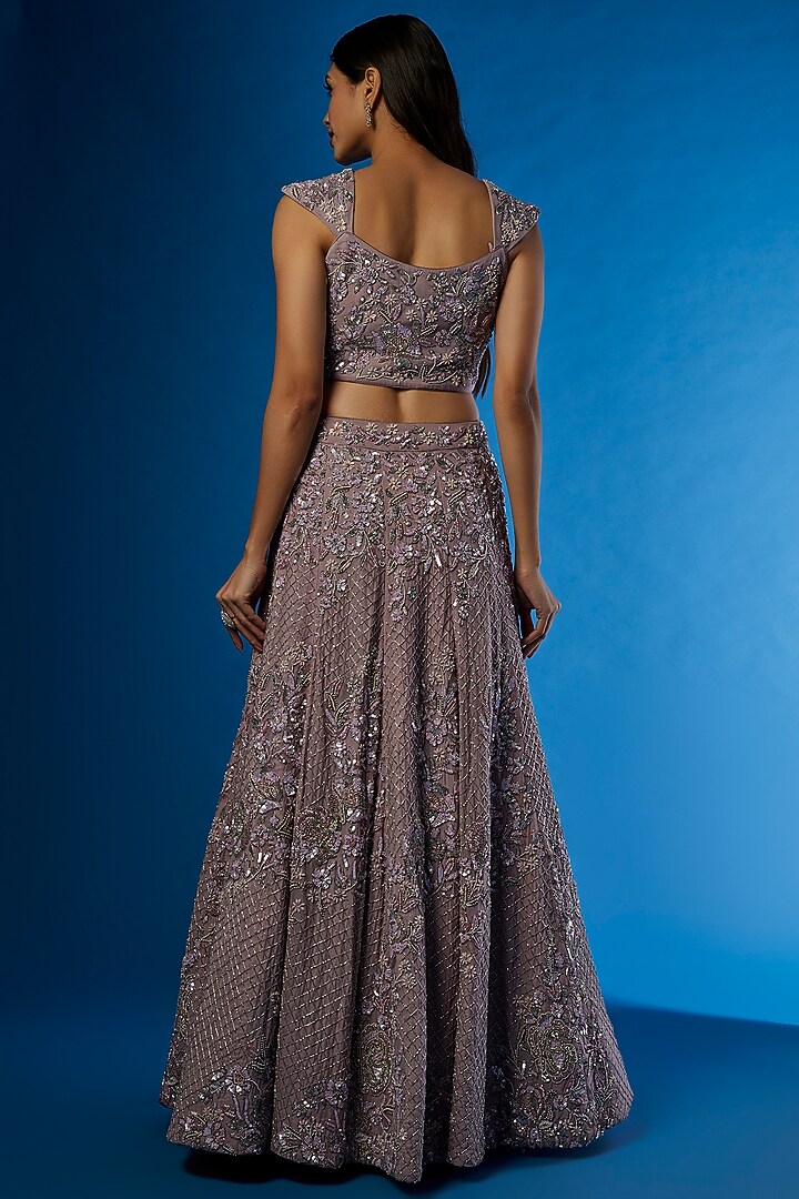 Woodrose Mauve Organza Embroidered Wedding Lehenga Set by PANIHARI at Pernia's Pop Up Shop