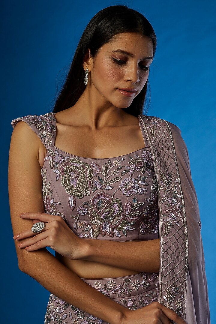 Woodrose Mauve Organza Embroidered Wedding Lehenga Set by PANIHARI at Pernia's Pop Up Shop