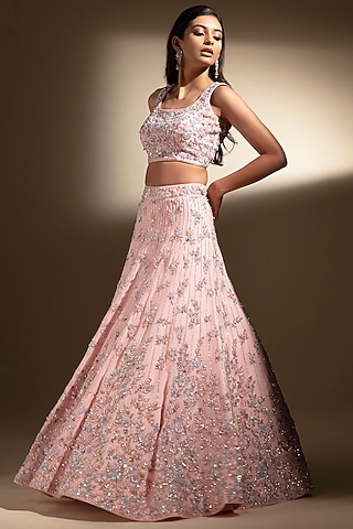 Baby Pink Organza Embroidered Lehenga Set by PANIHARI