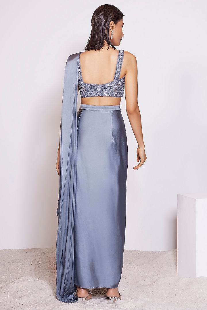Dark Steel Grey Crepe Satin Pre-Draped Party Wear Saree Set by PANIHARI at Pernia's Pop Up Shop