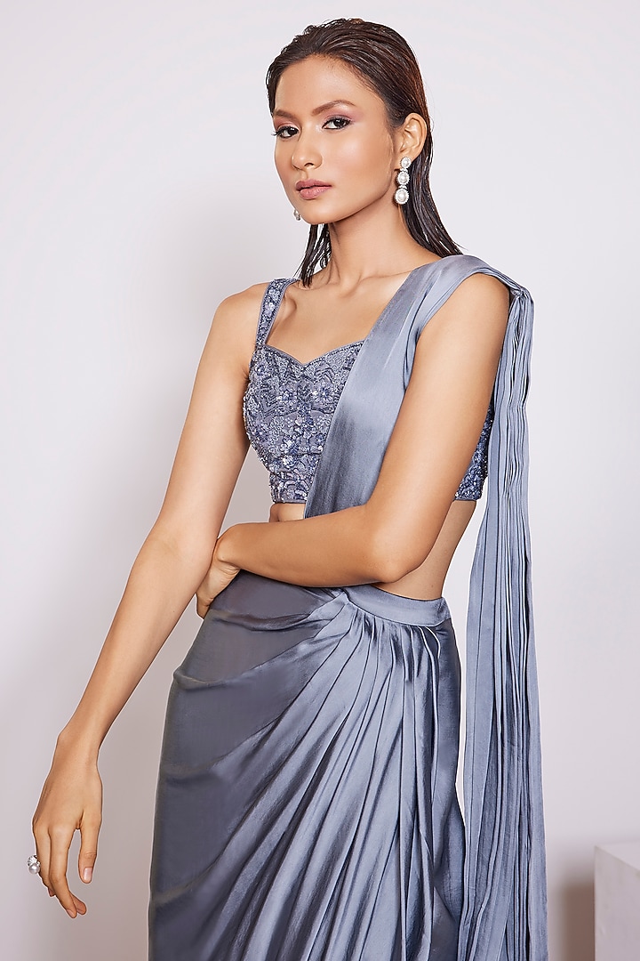 Dark Steel Grey Crepe Satin Pre-Draped Party Wear Saree Set by PANIHARI at Pernia's Pop Up Shop