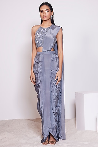 Dark Steel Grey Crepe Pre-Draped Saree Set by PANIHARI
