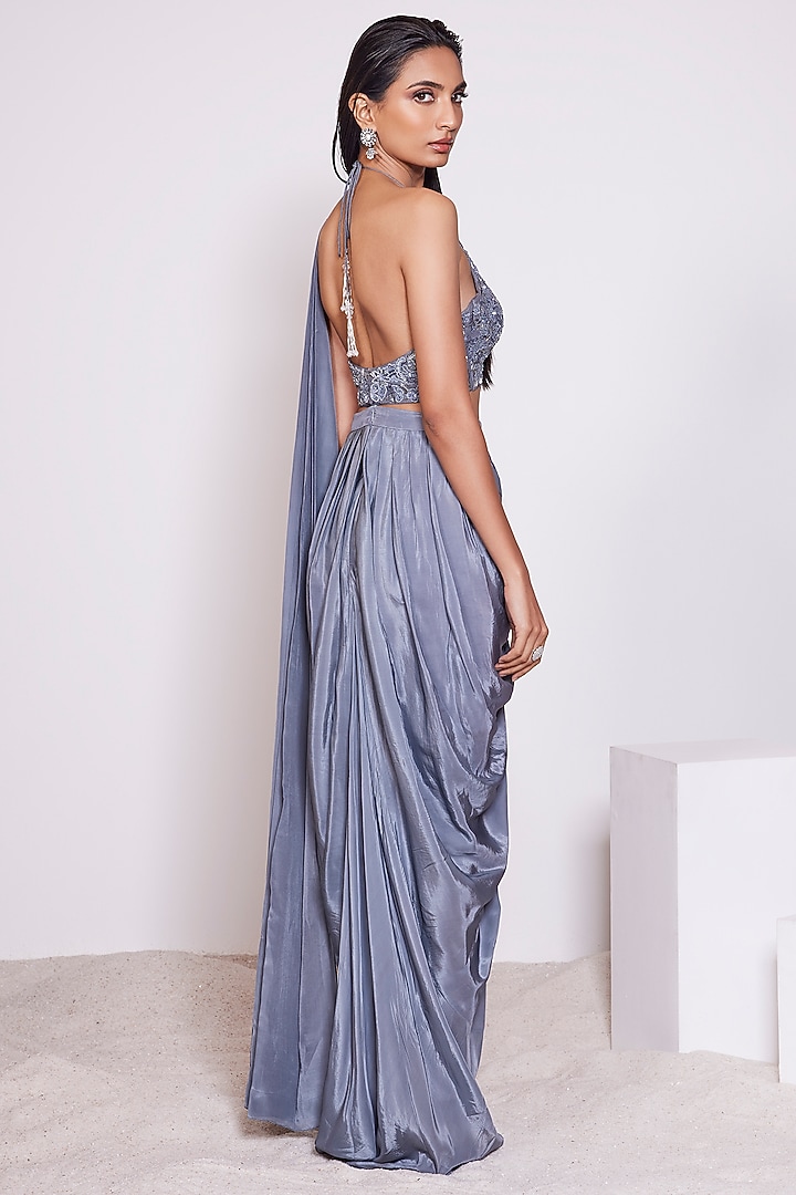 Dark Steel Grey Crepe Pre-Draped Party Wear Saree Set by PANIHARI at Pernia's Pop Up Shop