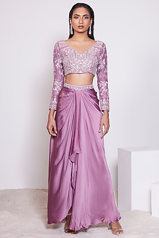 Dark Mauve Satin Crepe Skirt Set by PANIHARI