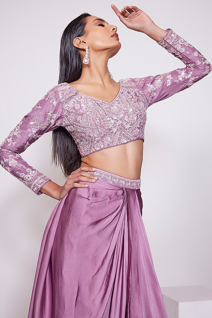 Dark Mauve Satin Crepe Skirt Set by PANIHARI at Pernia's Pop Up Shop