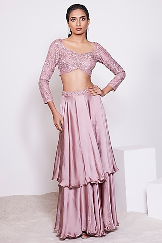 Light Pink Satin Crepe Skirt Set by PANIHARI