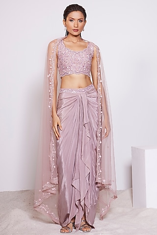 Dusty Mauve Crepe Draped Lehenga Set by PANIHARI