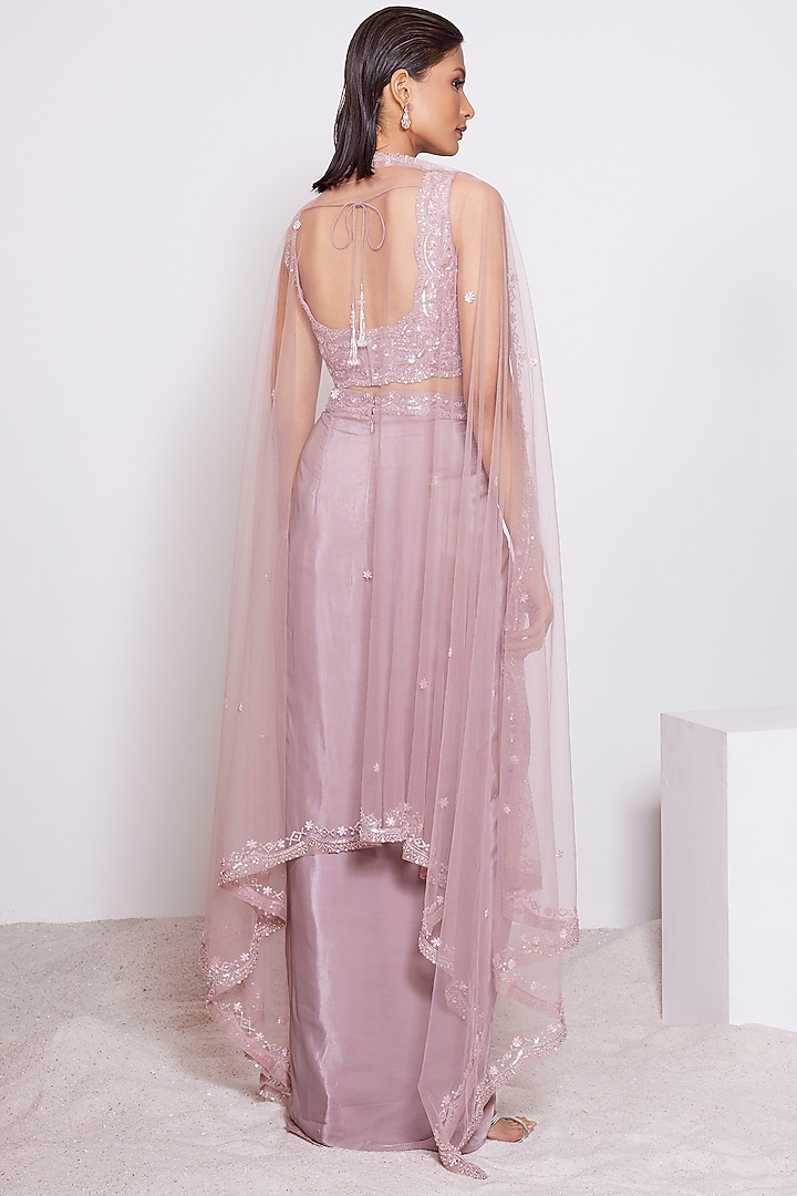 Dusty Mauve Crepe Draped Wedding Lehenga Set by PANIHARI at Pernia's Pop Up Shop