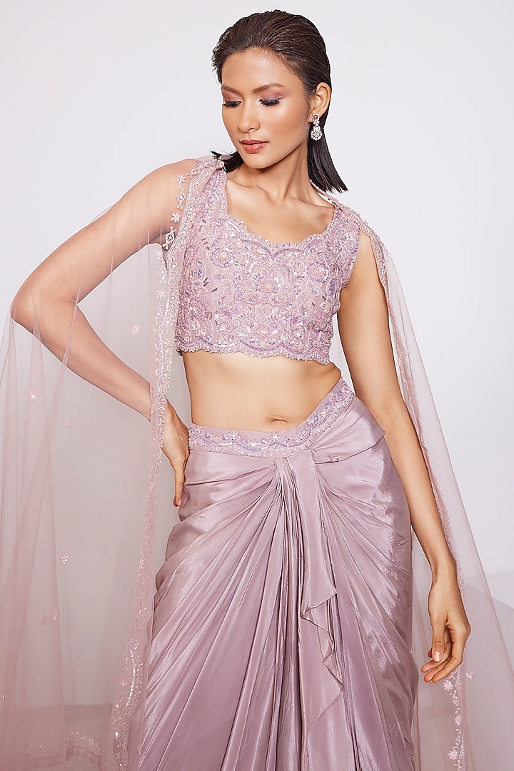 Dusty Mauve Crepe Draped Wedding Lehenga Set by PANIHARI at Pernia's Pop Up Shop