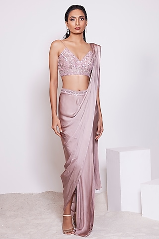 Dusty Mauve Satin Crepe Pre-Draped Saree Set by PANIHARI