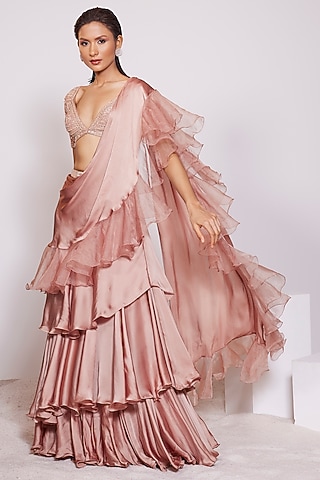 Light Copper Satin Crepe Tiered Lehenga Saree Set by PANIHARI