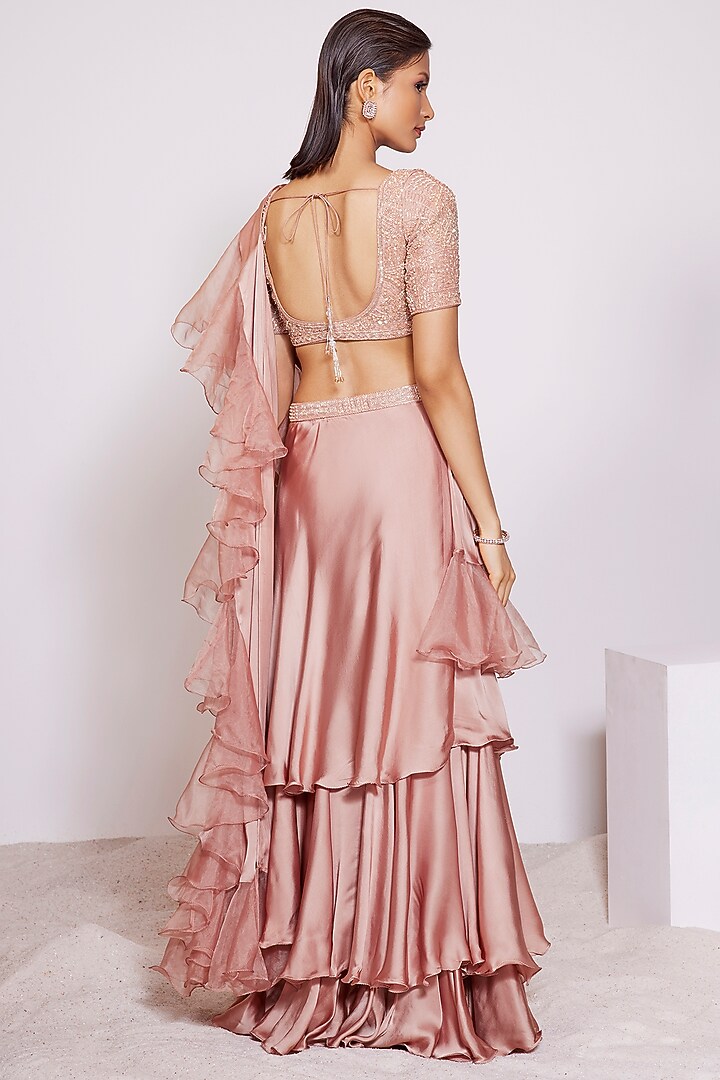 Light Copper Satin Crepe Tiered Wedding Lehenga Saree Set by PANIHARI at Pernia's Pop Up Shop