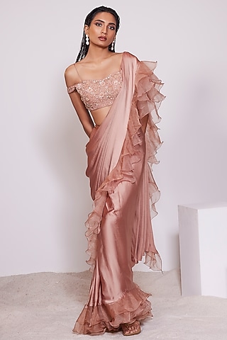 Light Copper Crepe Satin Pre-Draped Saree Set by PANIHARI