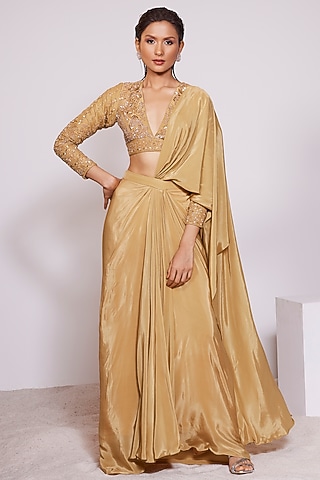 Mustard Yellow Crepe Pre-Draped Saree Set by PANIHARI