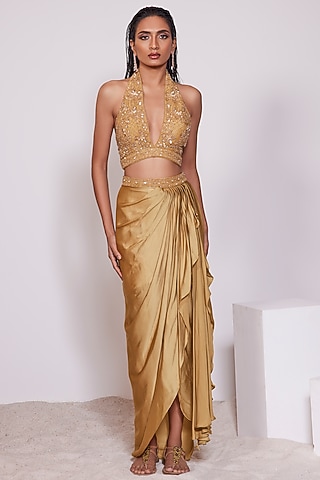Mustard Yellow Satin Crepe Draped Skirt Set by PANIHARI