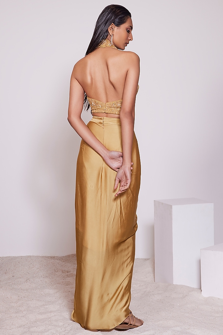 Mustard Yellow Satin Crepe Draped Skirt Set by PANIHARI at Pernia's Pop Up Shop