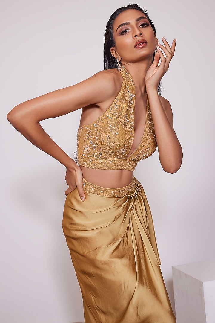 Mustard Yellow Satin Crepe Draped Skirt Set by PANIHARI at Pernia's Pop Up Shop