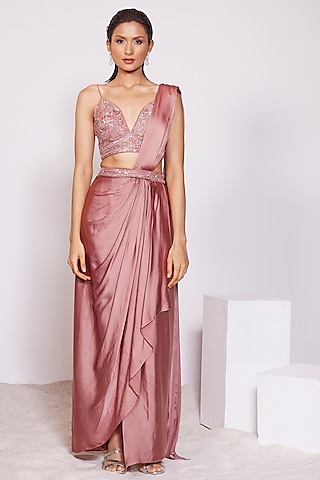 Dusty Redwood Satin Crepe Pre-Draped Saree Set by PANIHARI