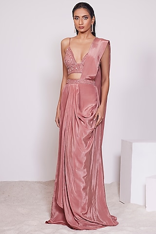 Dusty Redwood Crepe Pre-Draped Saree Set by PANIHARI