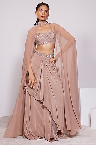 Sandstone Brown Crepe Draped Skirt Set by PANIHARI