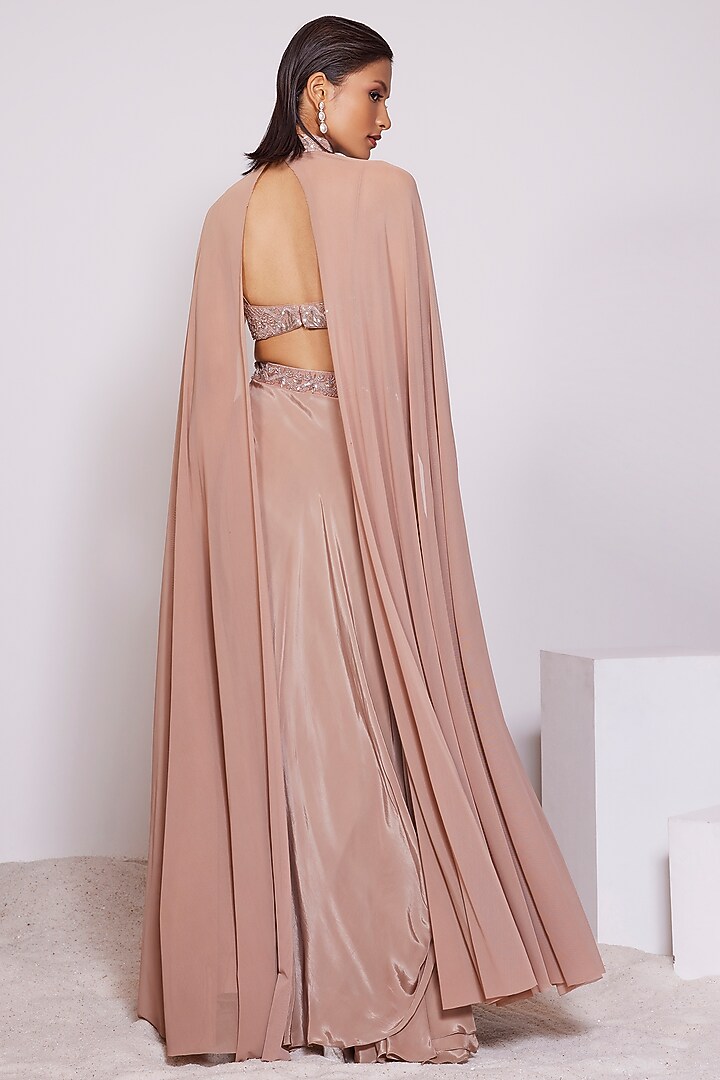 Sandstone Brown Crepe Draped Skirt Set by PANIHARI at Pernia's Pop Up Shop