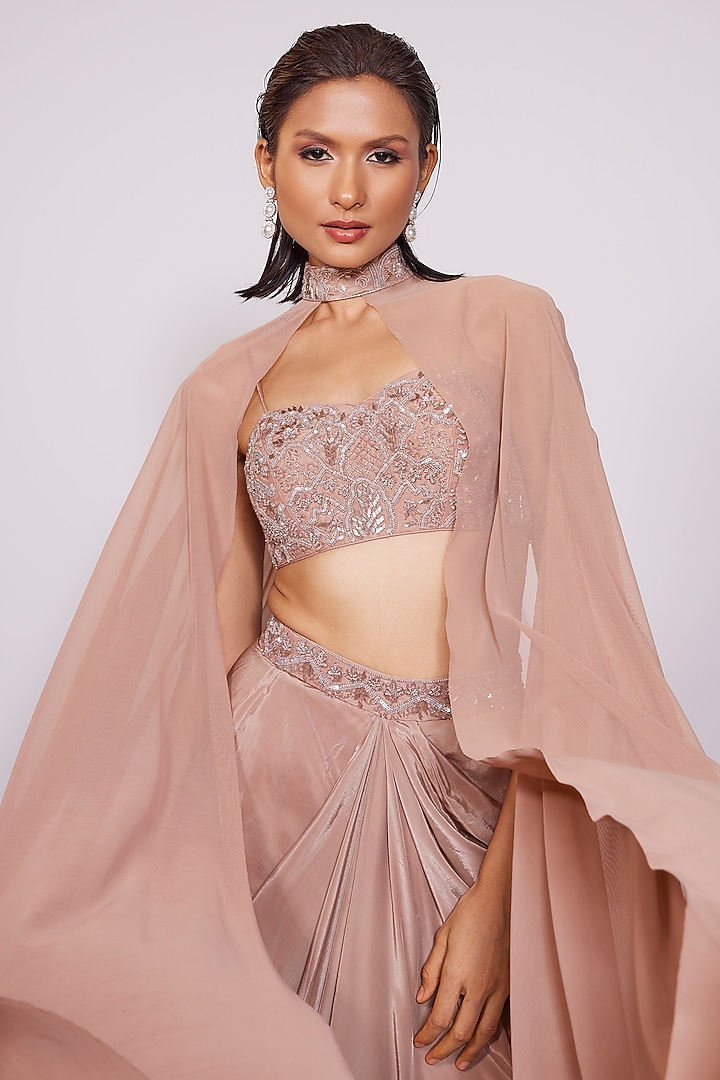 Sandstone Brown Crepe Draped Skirt Set by PANIHARI at Pernia's Pop Up Shop