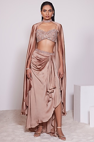 Mouse Brown Satin Crepe Draped Skirt Set by PANIHARI