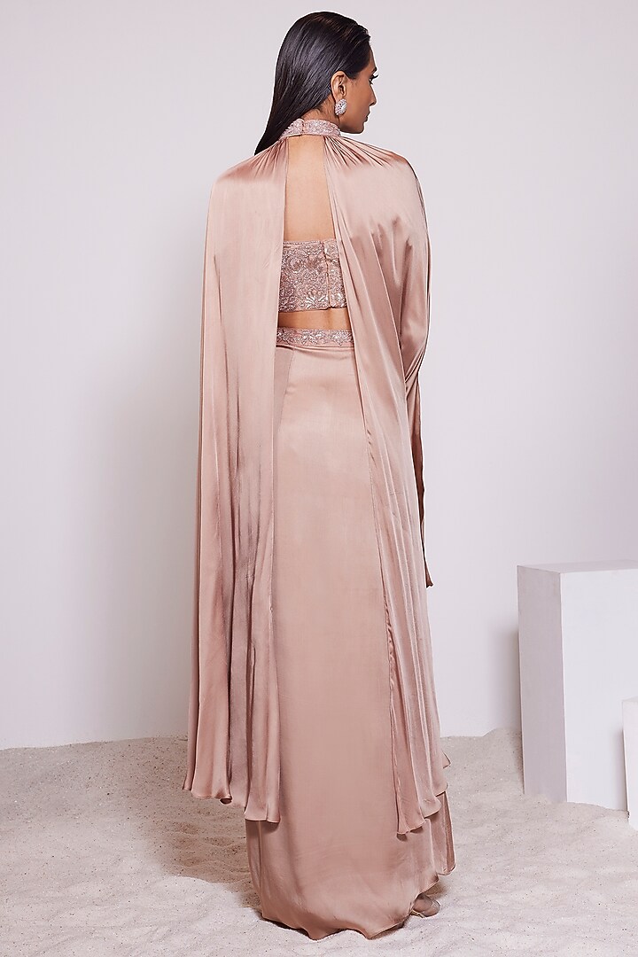 Mouse Brown Satin Crepe Draped Skirt Set by PANIHARI at Pernia's Pop Up Shop