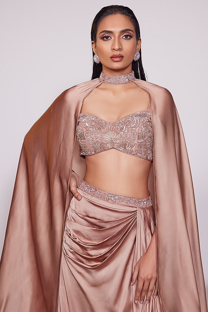 Mouse Brown Satin Crepe Draped Skirt Set by PANIHARI at Pernia's Pop Up Shop