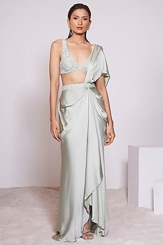 Light Pista Satin Crepe Pre-Draped Saree Set by PANIHARI
