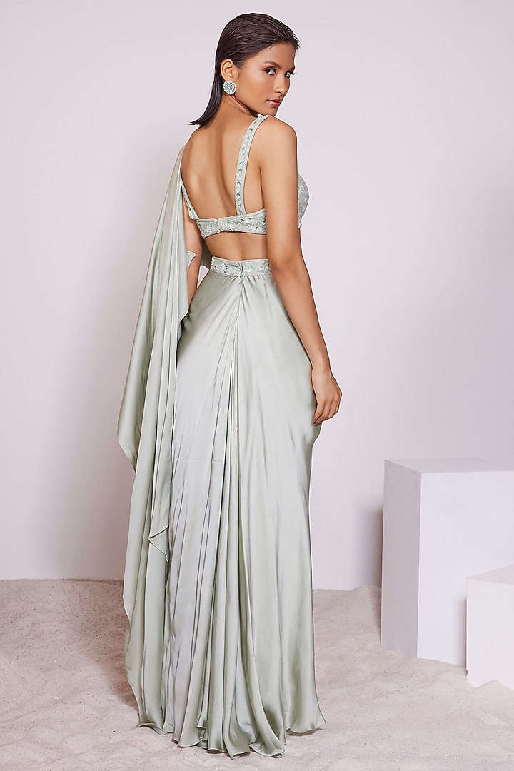 Light Pista Satin Crepe Pre-Draped Party Wear Saree Set by PANIHARI at Pernia's Pop Up Shop