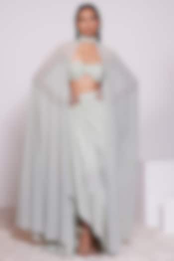 Light Pista Crepe Draped Skirt Set by PANIHARI