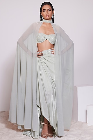 Light Pista Crepe Draped Skirt Set by PANIHARI
