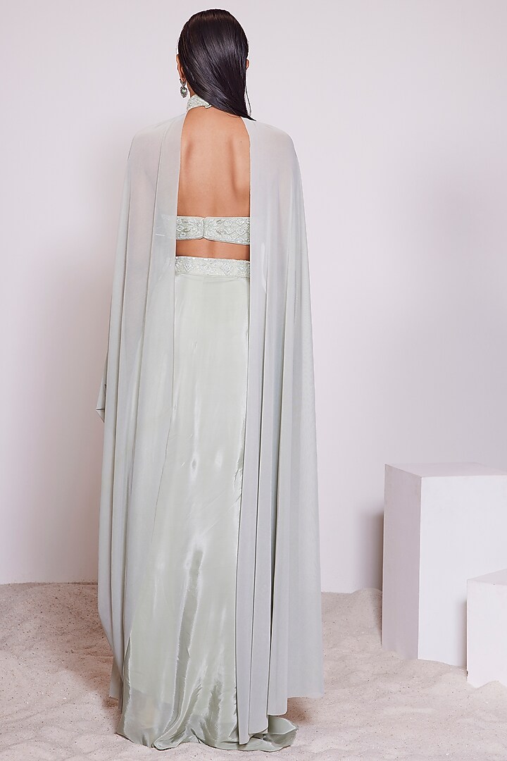 Light Pista Crepe Draped Skirt Set by PANIHARI at Pernia's Pop Up Shop