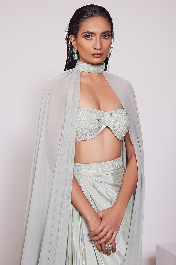 Light Pista Crepe Draped Skirt Set by PANIHARI at Pernia's Pop Up Shop