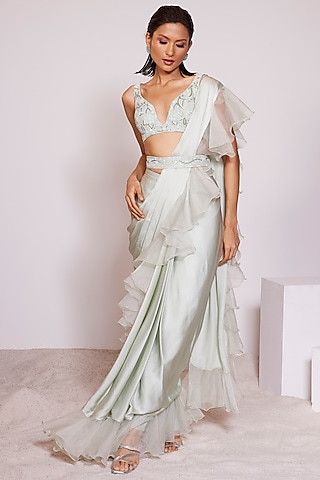 Light Pista Satin Crepe Pre-Draped Saree Set by PANIHARI