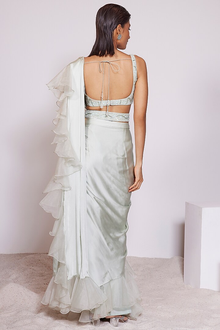 Light Pista Satin Crepe Pre-Draped Party Wear Saree Set by PANIHARI at Pernia's Pop Up Shop