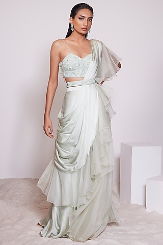 Light Pista Satin Crepe Pre-Draped Saree Set by PANIHARI