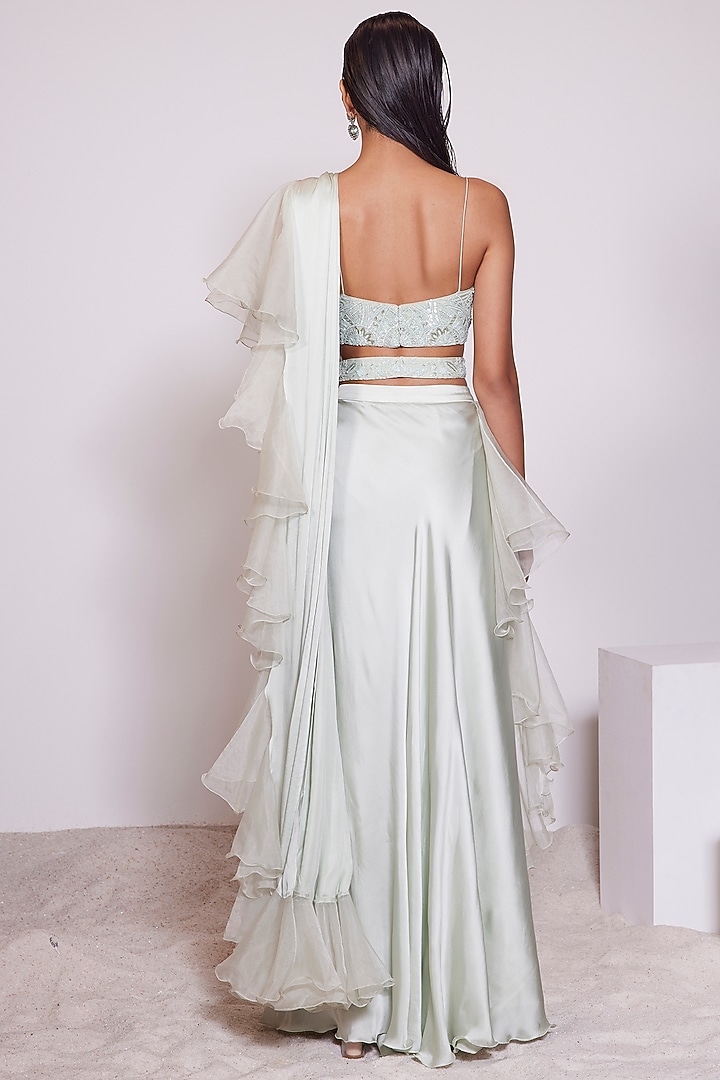 Light Pista Satin Crepe Pre-Draped Wedding Saree Set by PANIHARI at Pernia's Pop Up Shop