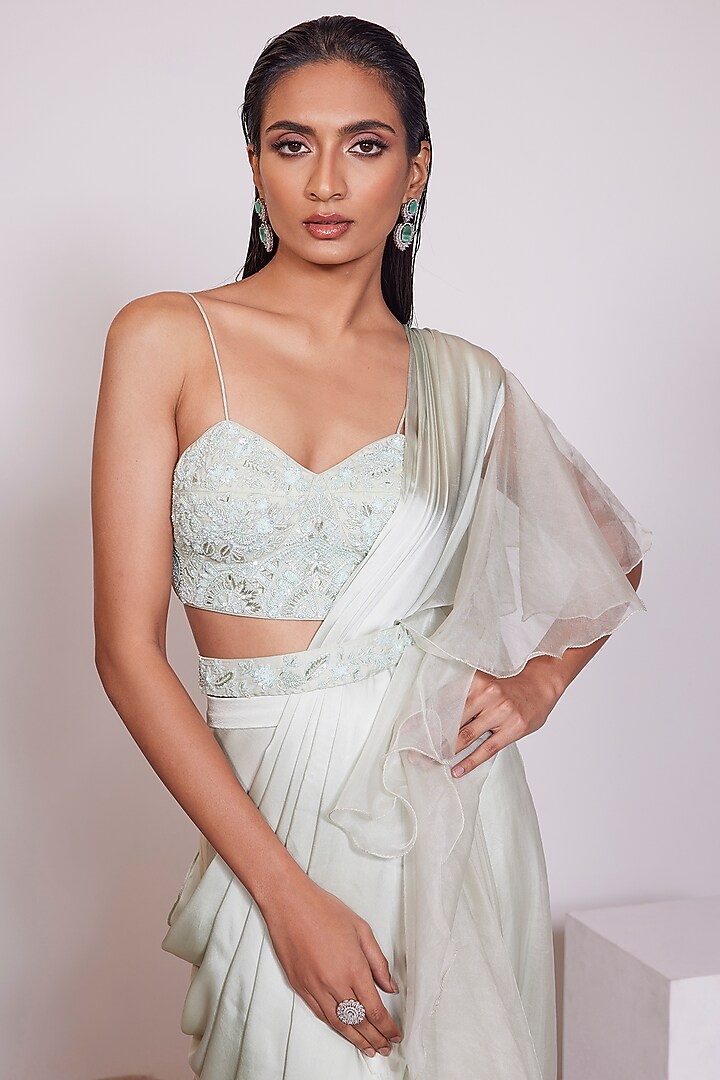 Light Pista Satin Crepe Pre-Draped Wedding Saree Set by PANIHARI at Pernia's Pop Up Shop