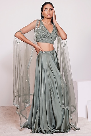 Smoky Green Satin Crepe Skirt Set by PANIHARI