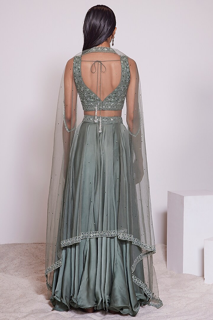 Smoky Green Satin Crepe Skirt Set by PANIHARI at Pernia's Pop Up Shop