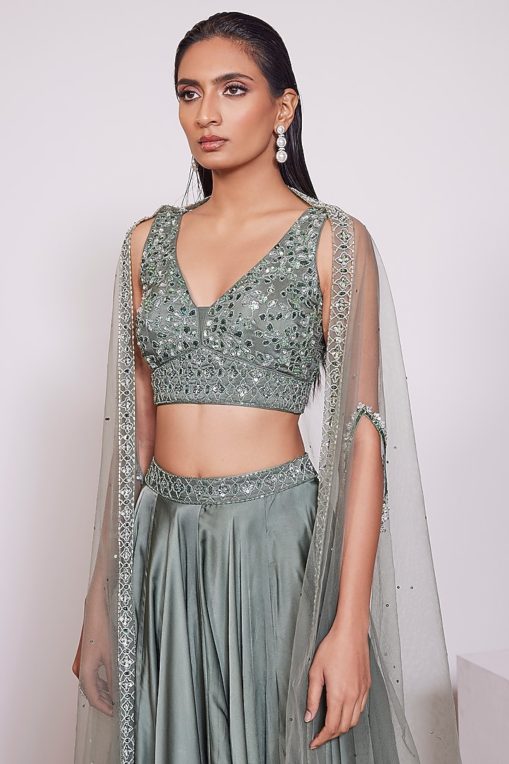 Smoky Green Satin Crepe Skirt Set by PANIHARI at Pernia's Pop Up Shop