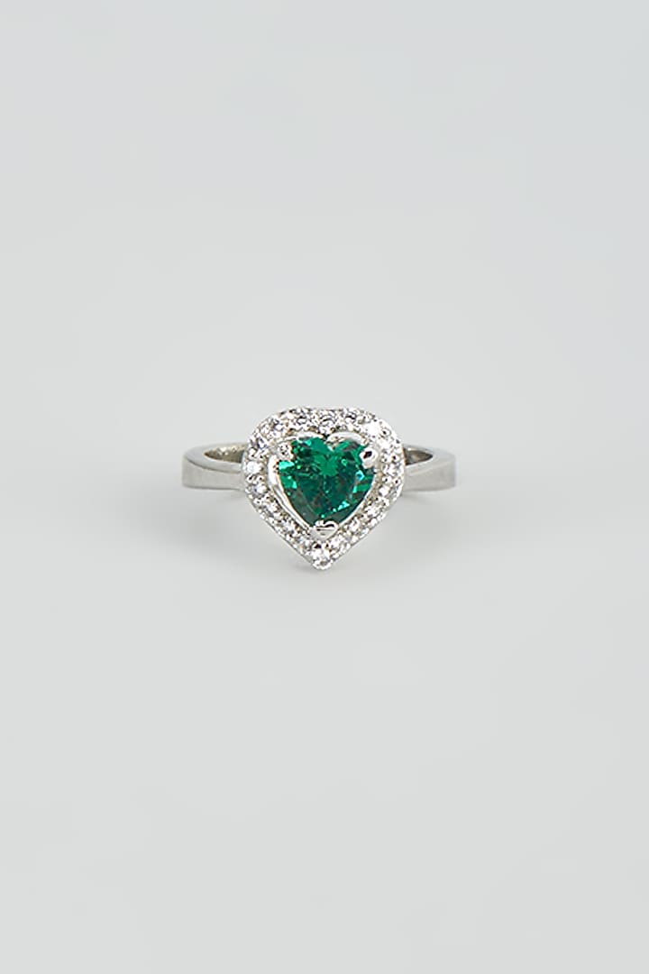 White Rhodium Finish Zircon & Green Stone Ring In Sterling Silver by ...
