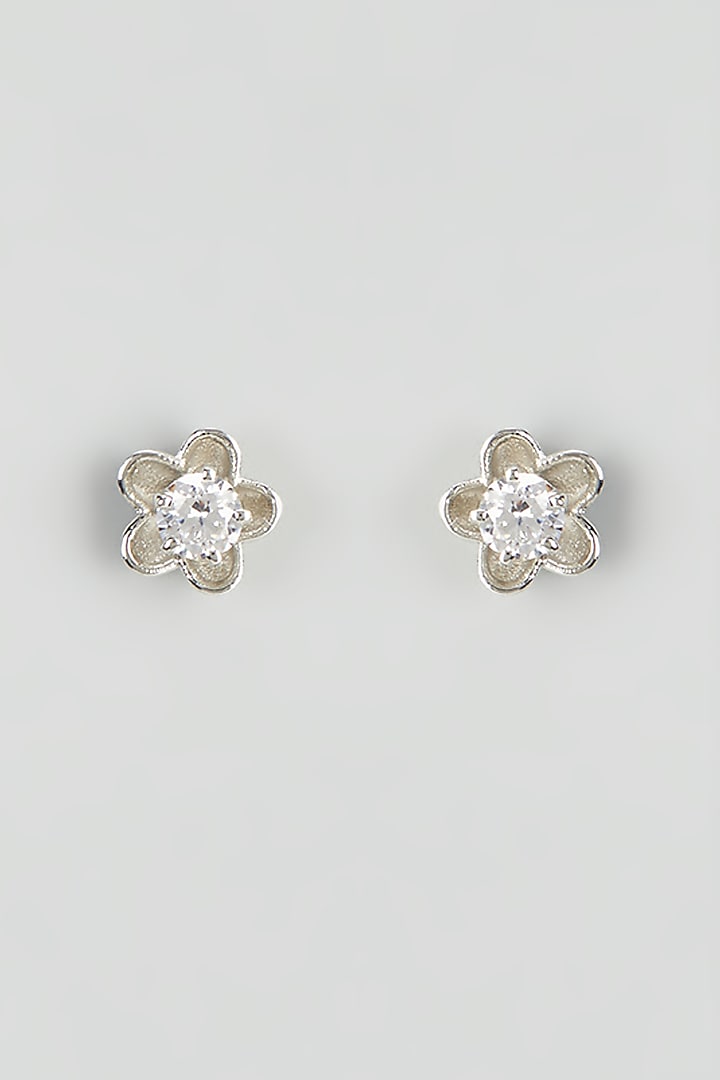 White Rhodium Finish Zircon Stud Earrings In Sterling Silver by Pinklane by Rashi