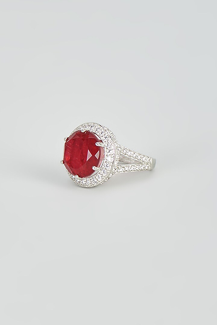White Rhodium Finish Zircon & Red Stone Ring In Sterling Silver by Pinklane by Rashi at Pernia's Pop Up Shop