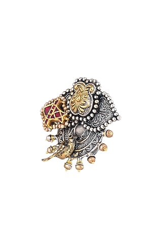 Two-Tone Finish Red Semi-Precious Stone & Pearl Adjustable Ring In Sterling Silver by Pinklane by Rashi
