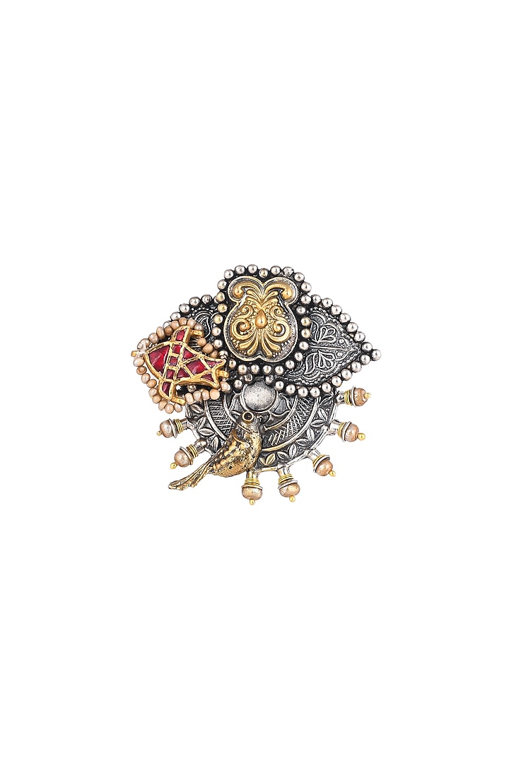 Two-Tone Finish Red Semi-Precious Stone & Pearl Adjustable Ring In Sterling Silver by Pinklane by Rashi at Pernia's Pop Up Shop