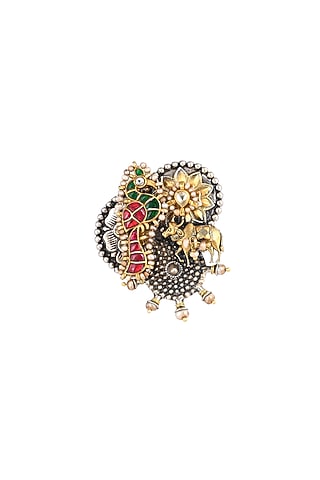 Gold Plated Glass Stone & Red Semi-Precious Stone Adjustable Ring In Sterling Silver by Pinklane by Rashi